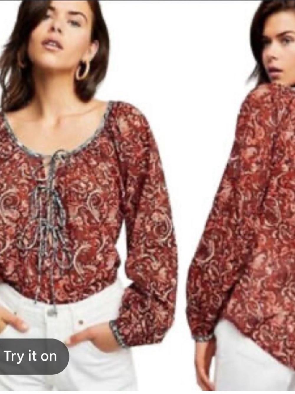 Women's Rust Paisley Long-Sleeve Peasant Top